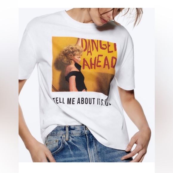 Zara Grease Olivia Newton John “Tell me about it Stud” Tee Shirt White Medium - Picture 1 of 10